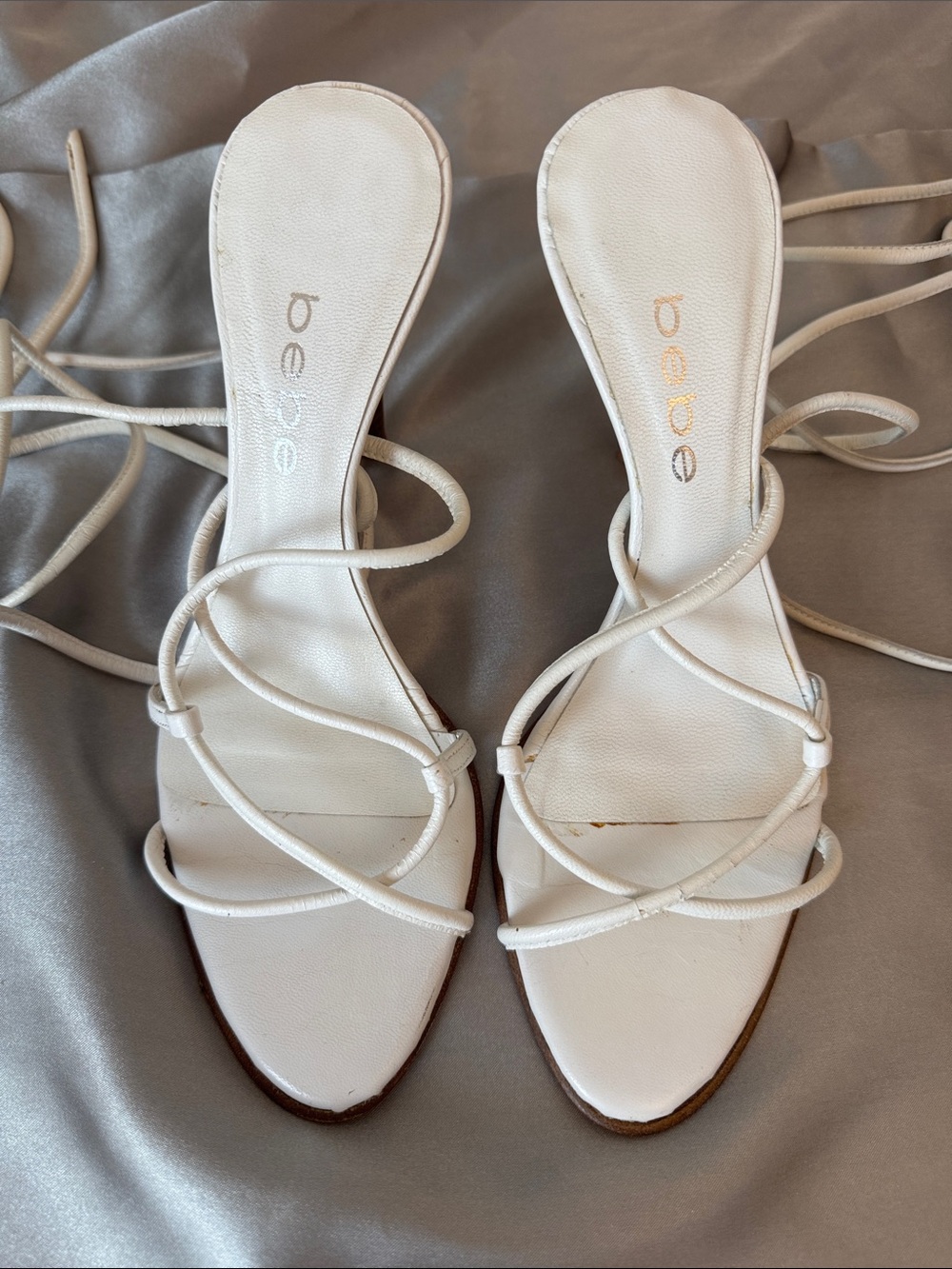 bebe Cream Strappy Wrap-Heel Sandals